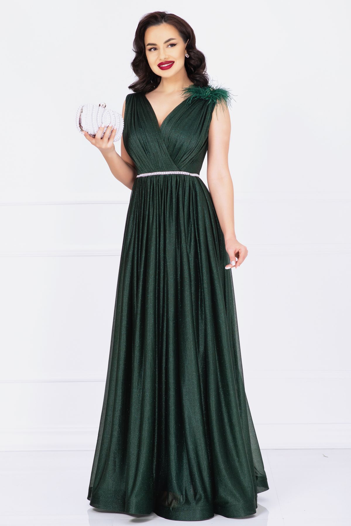 Rochie de nasa Maia verde lunga eleganta cu sclipici si accesoriu cu fulgi