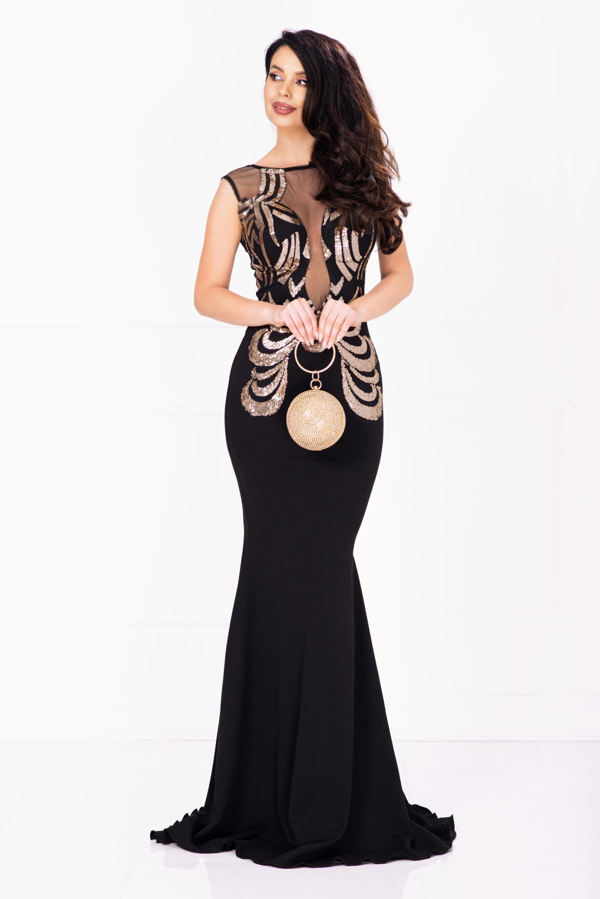Rochie de seara eleganta lunga Bekky neagra cu model din paiete aurii image5