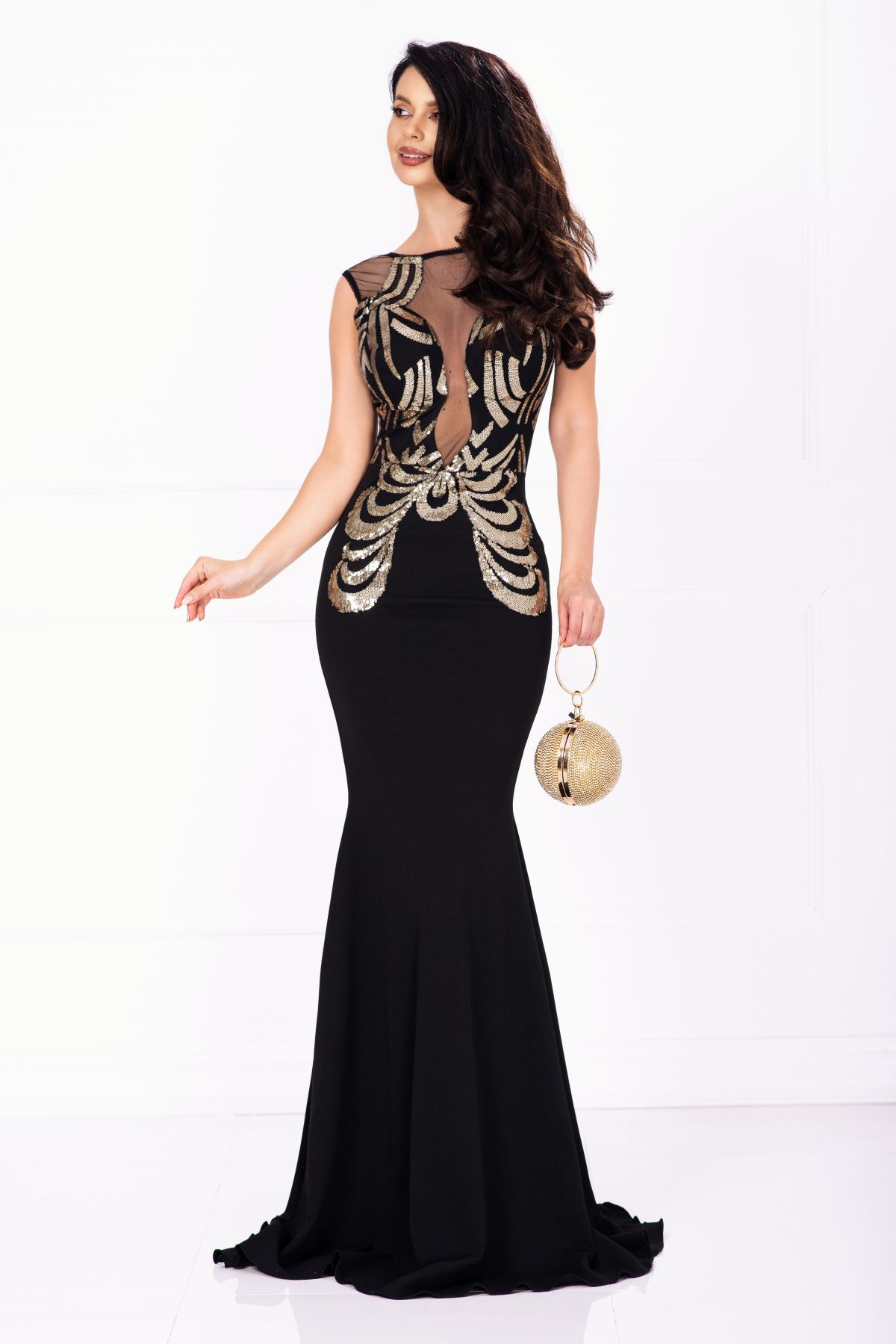 Rochie de seara eleganta lunga Bekky neagra cu model din paiete aurii