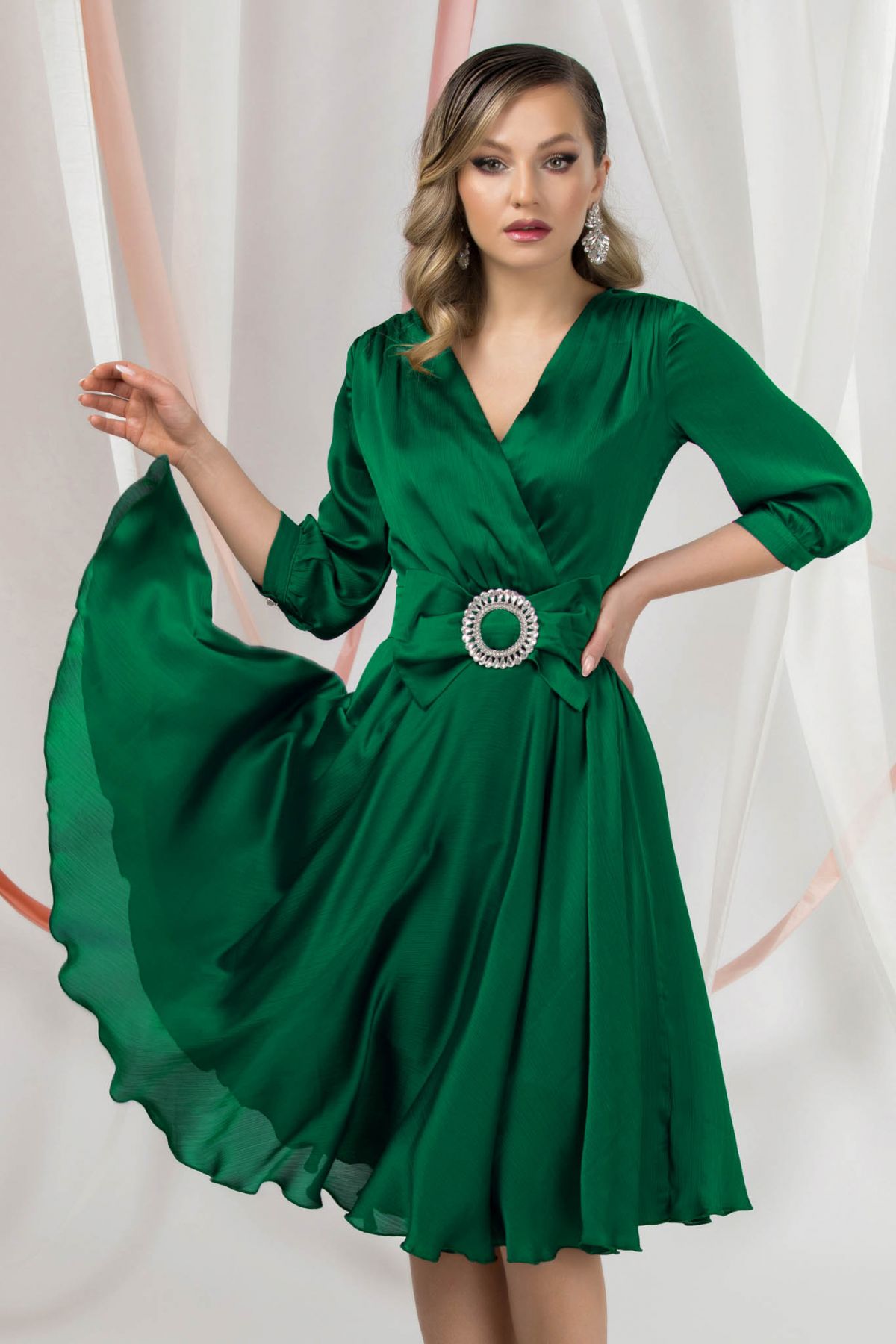Rochie de ocazie eleganta Pretty Girl verde cu funda in talie image11