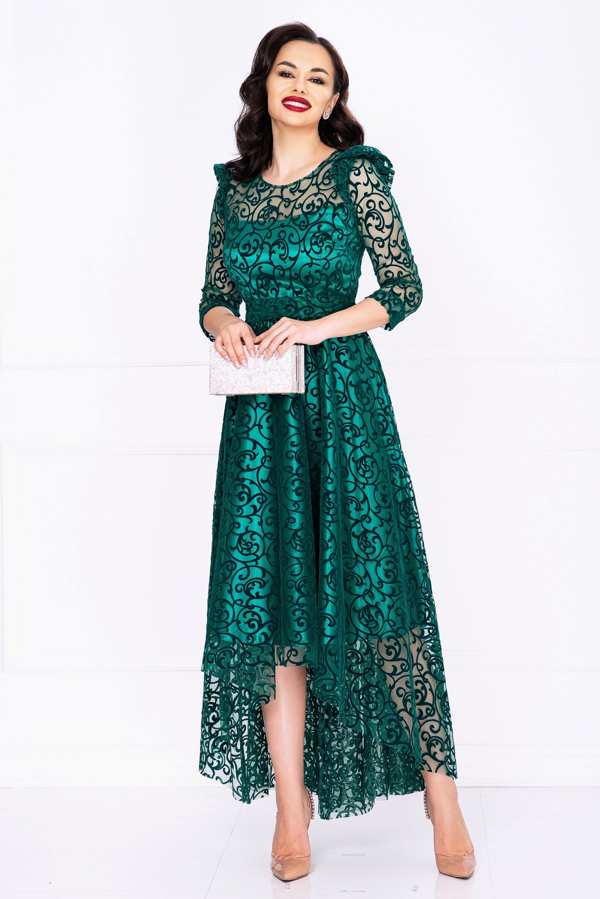 Rochie asimetrica de ocazie verde Francesca cu model din catifea