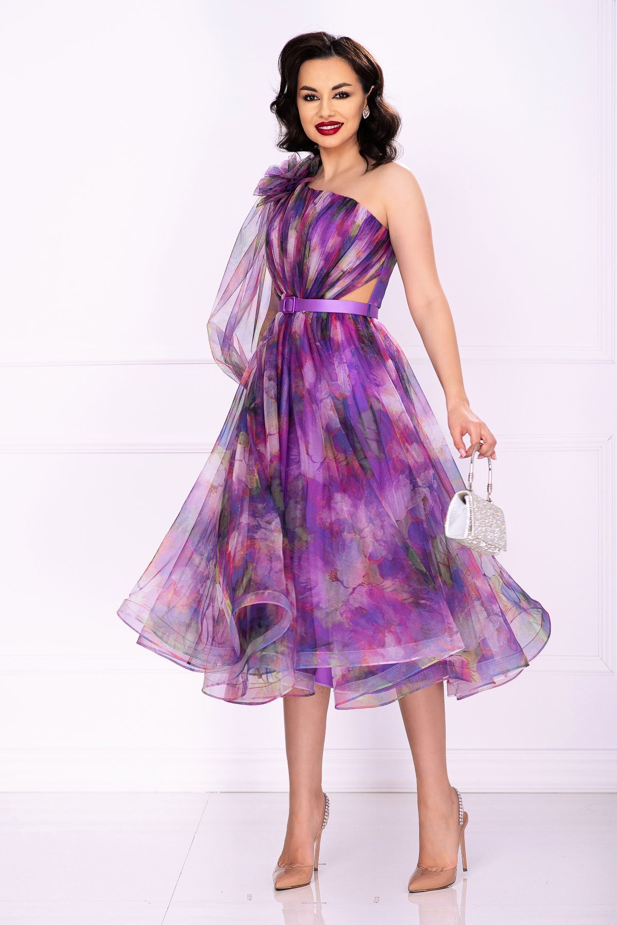 Rochie diafana de ocazie lila Ellen cu imprimeu tip pictura image7