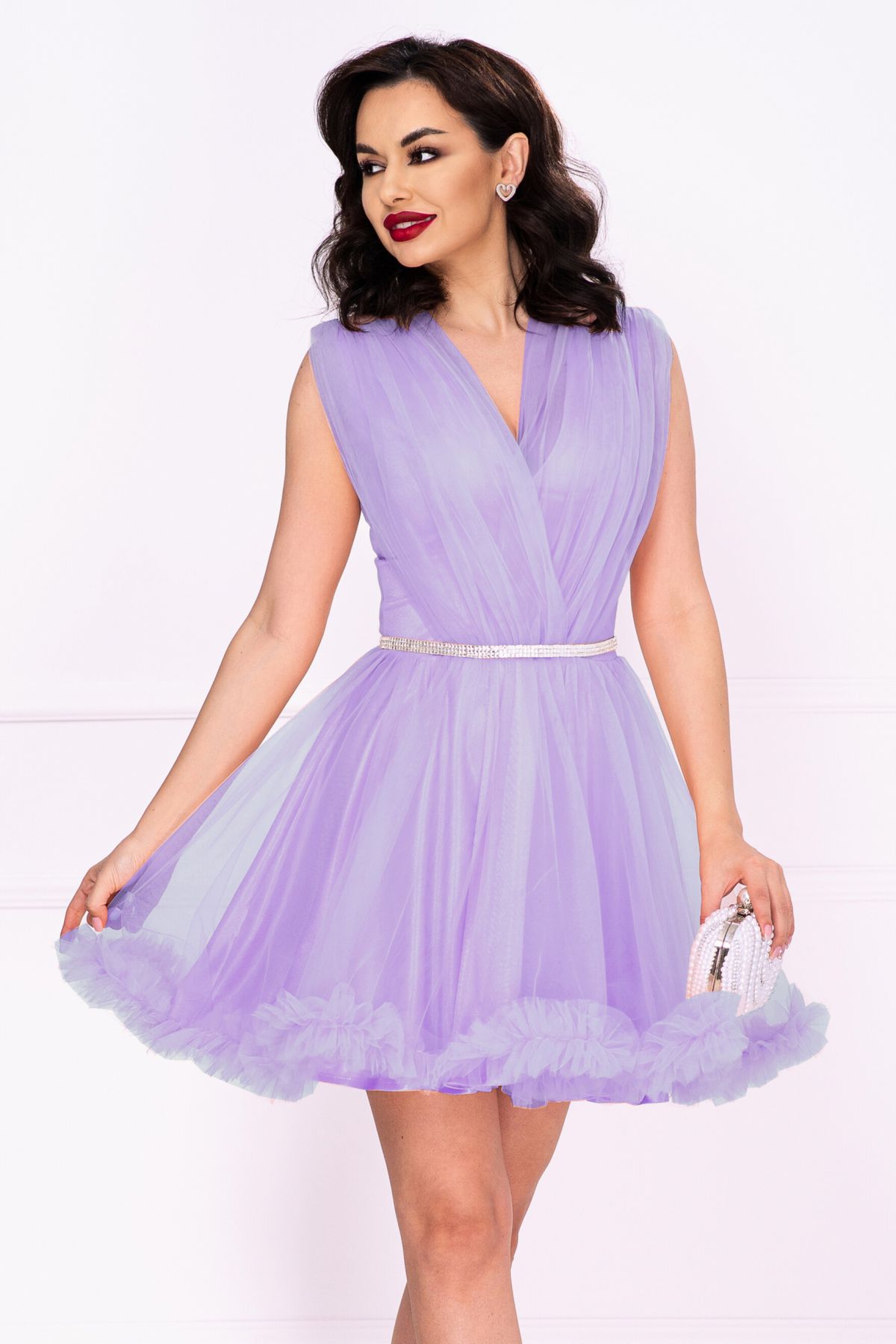 Rochie domnisoara de onoare lila din tulle cu volanas image5