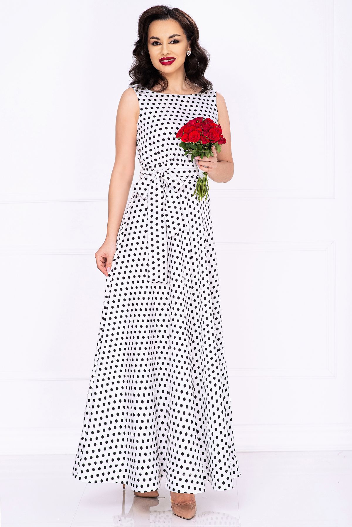 Rochie vaporoasa de zi eleganta Effect alba cu buline negre