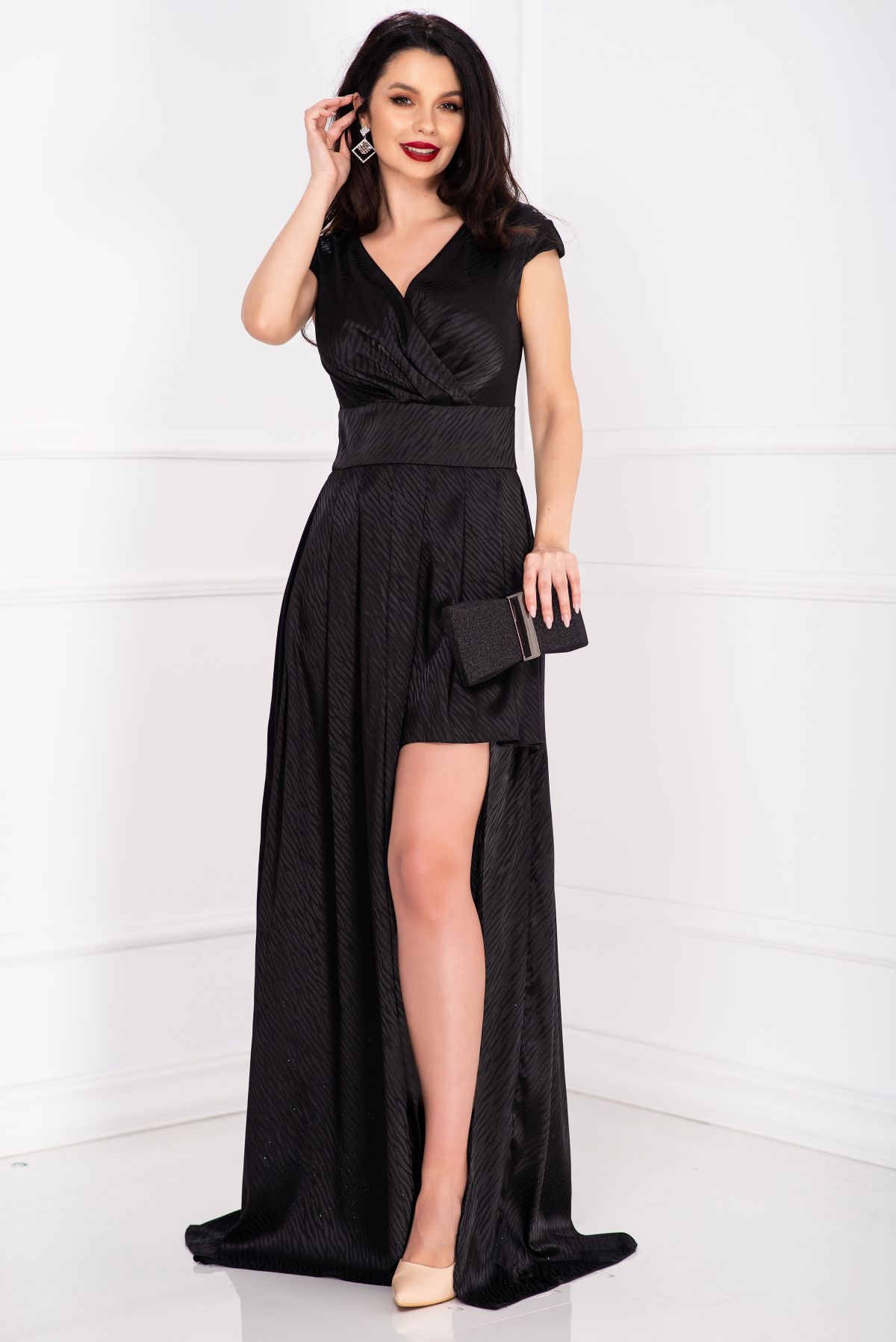 Rochie eleganta neagra dungata cu decupaj pe picior image8