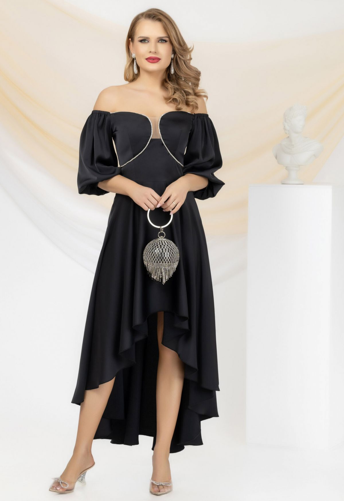 Rochie de ocazie asimetrica Pretty Girl neagra cu umeri goi