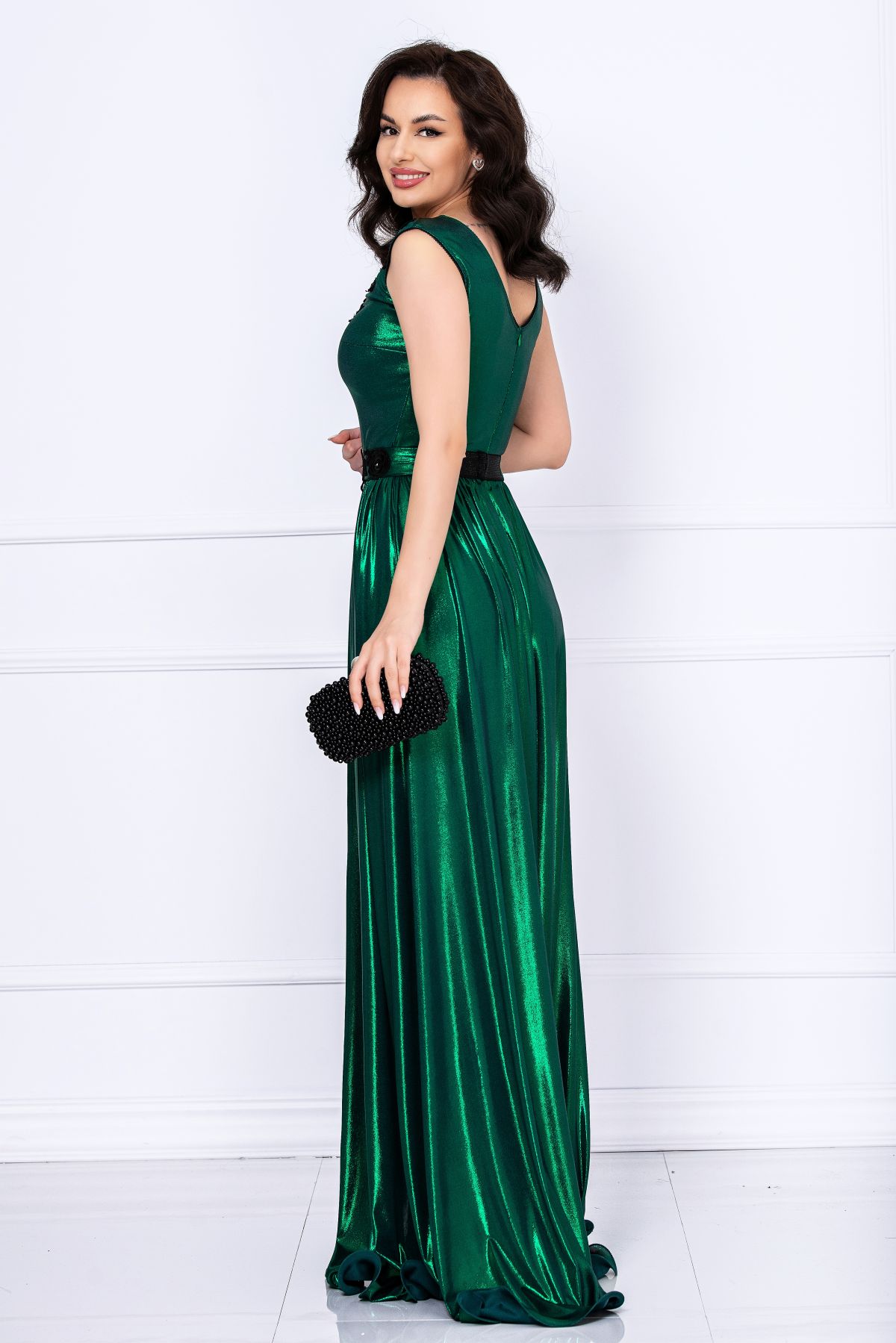 Rochie eleganta Ginette verde peliculizata cu broderie aplicata