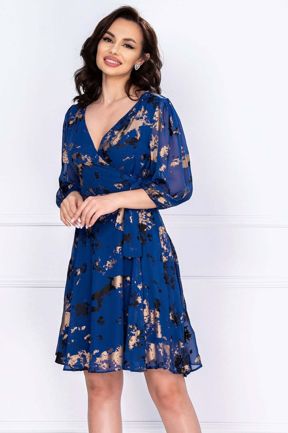 Rochie din voal Evolette in clos albastru-royal cu print aramiu