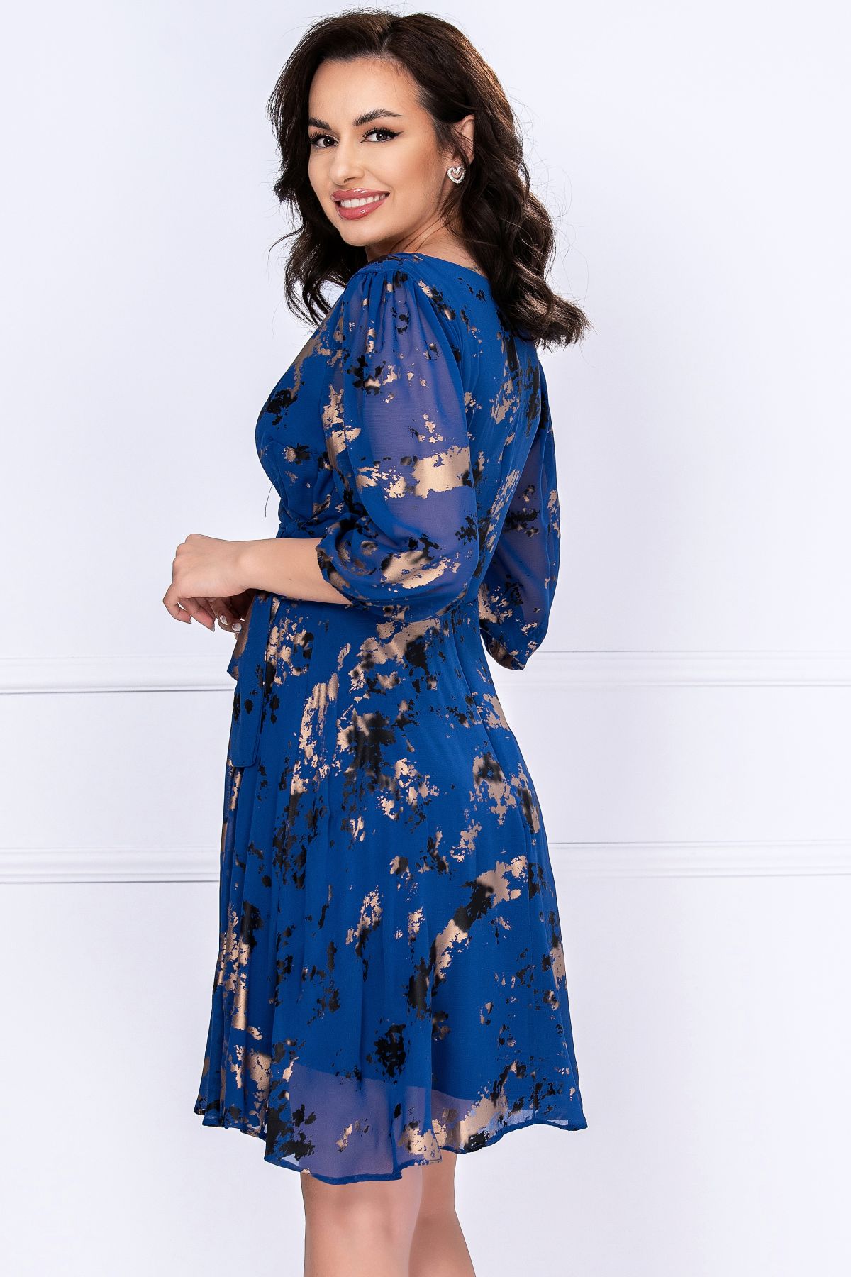 Rochie din voal Evolette in clos albastru-royal cu print aramiu