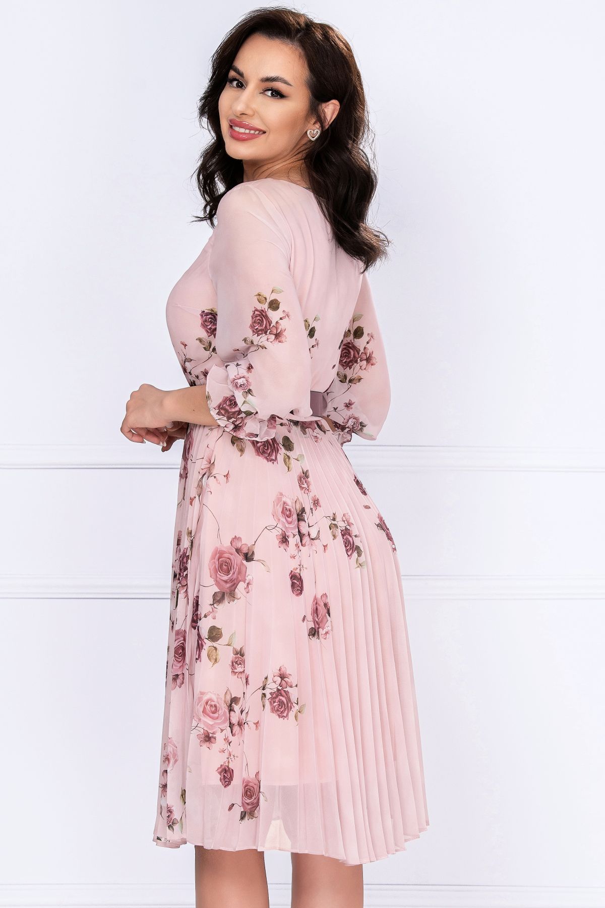 Rochie de zi din voal plisat Nicole rose cu imprimeu floral