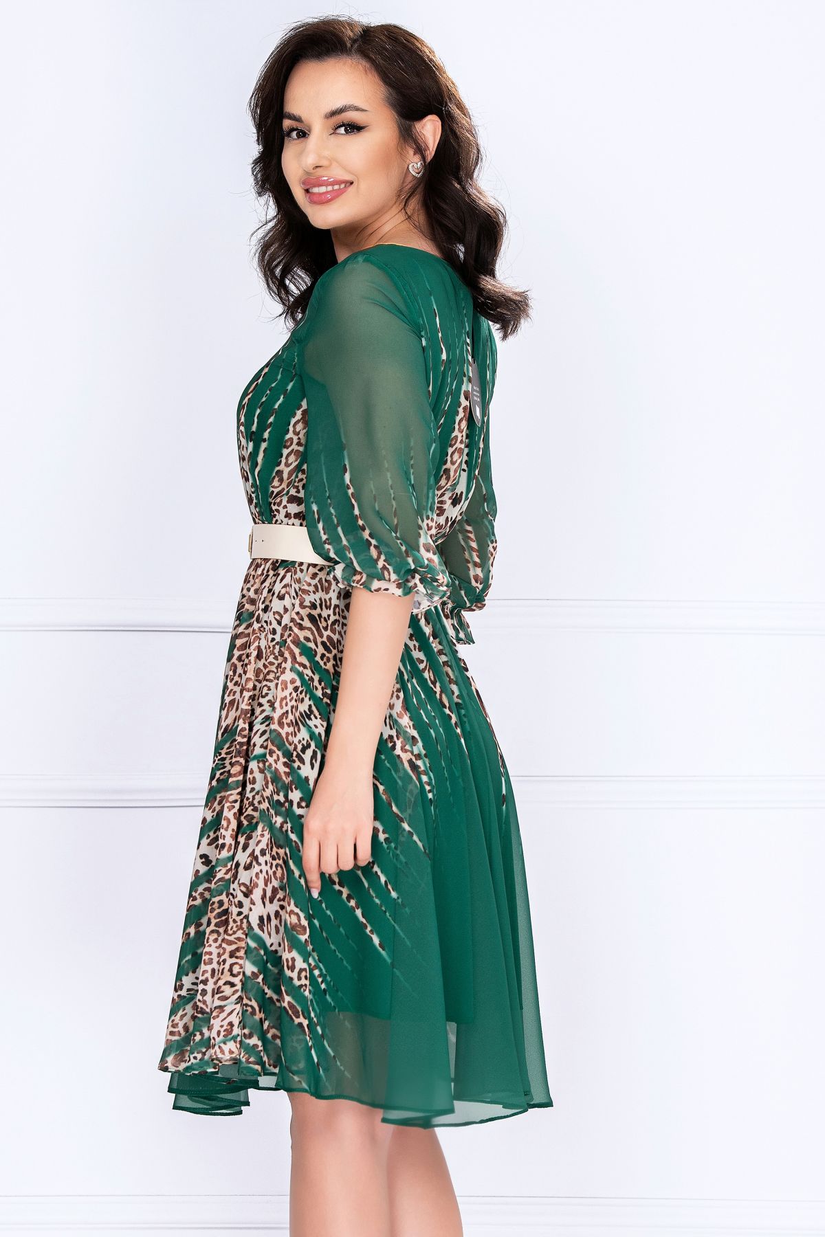 Rochie de zi verde din voal cu imprimeu leopard