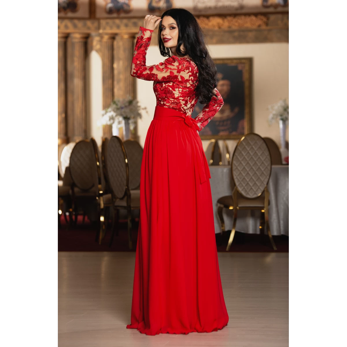 Rochie rosie de seara eleganta Georgia cu broderie deosebita