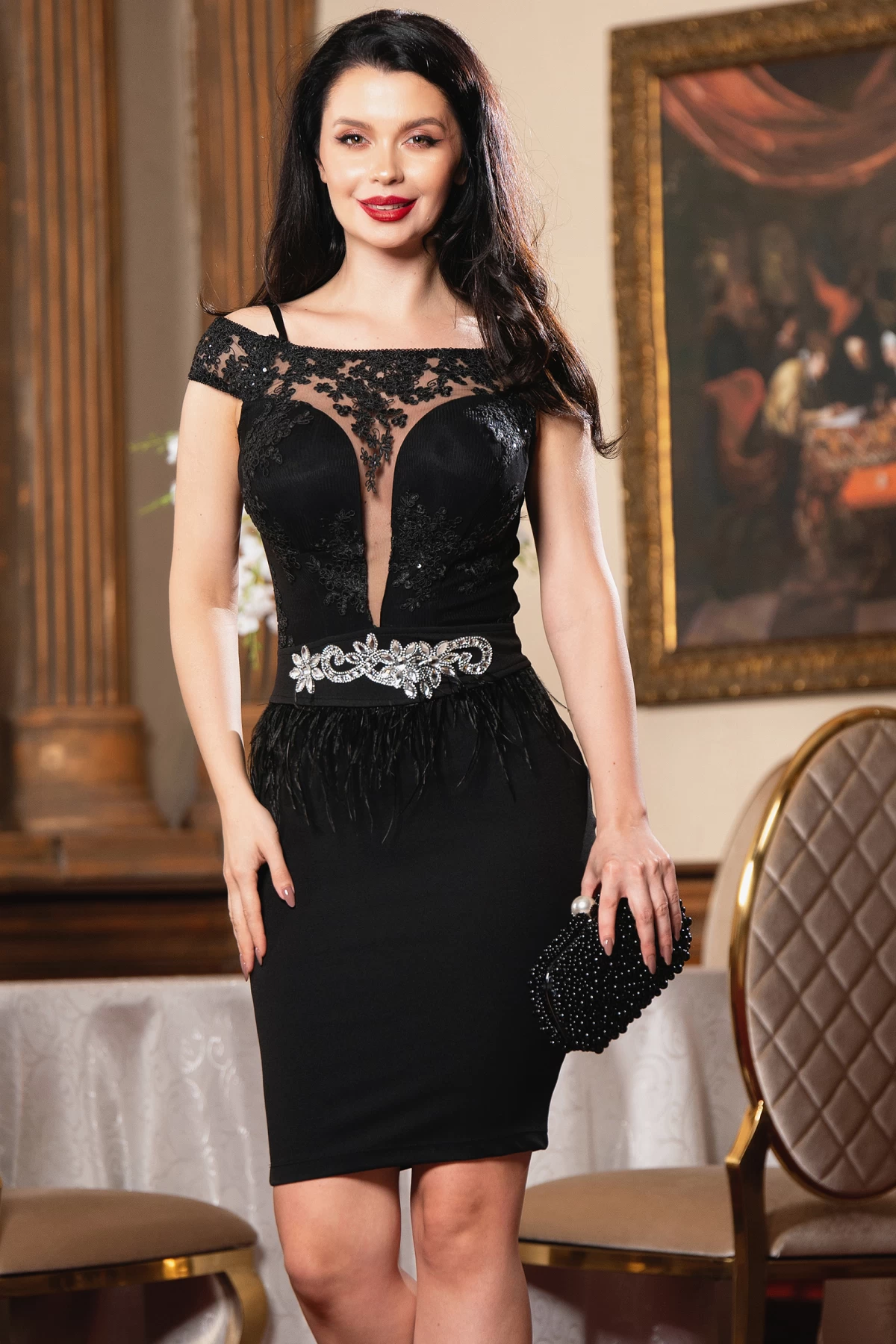 Rochie de ocazie neagra Delight cu broderie si fulgi decorativi