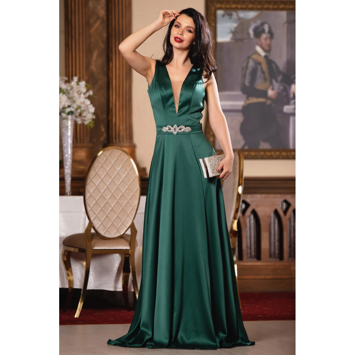 Rochie de seara Ophelia verde lunga din tafta satinata