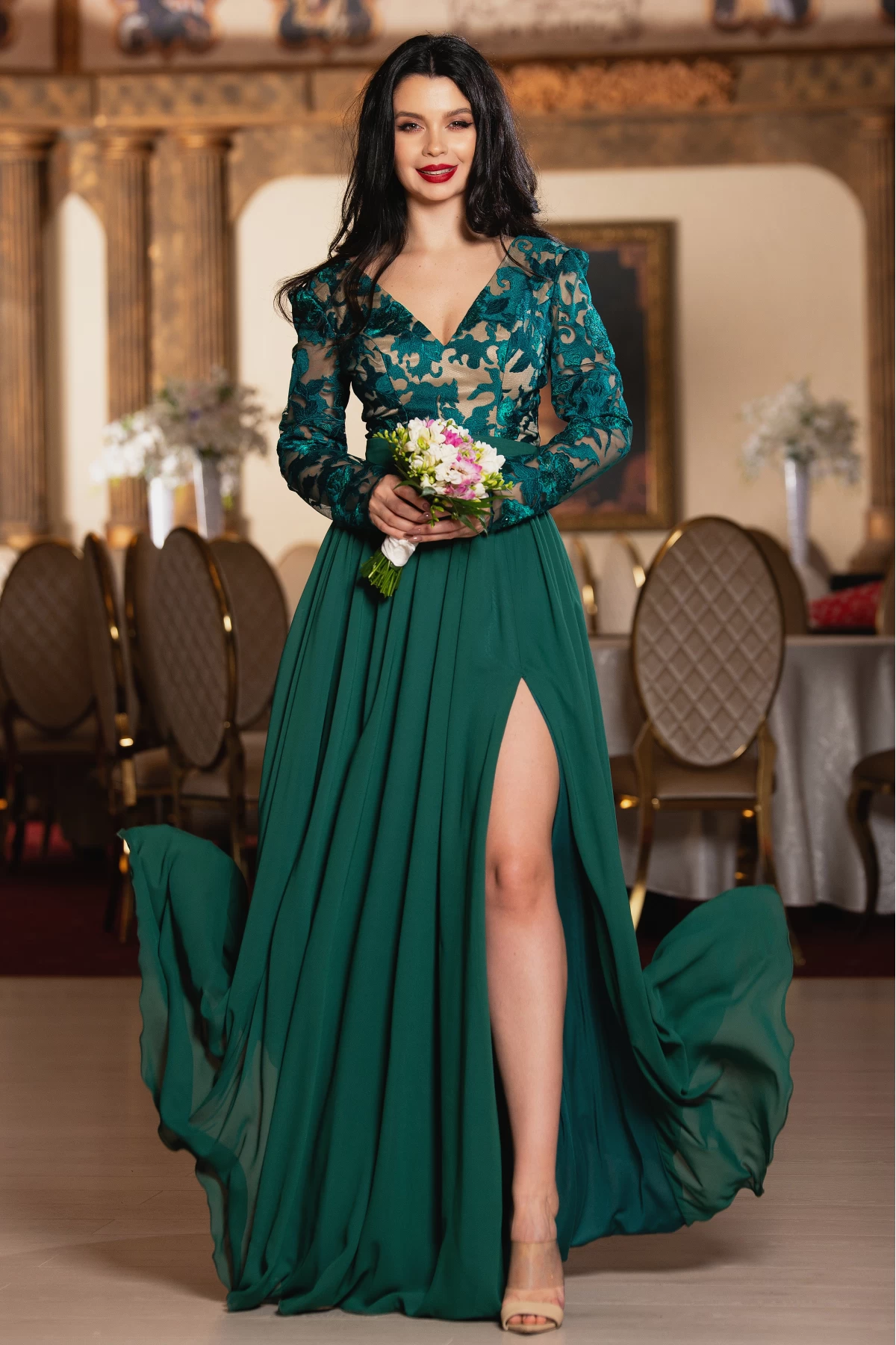 Rochie de seara eleganta Georgia verde cu broderie deosebita image9