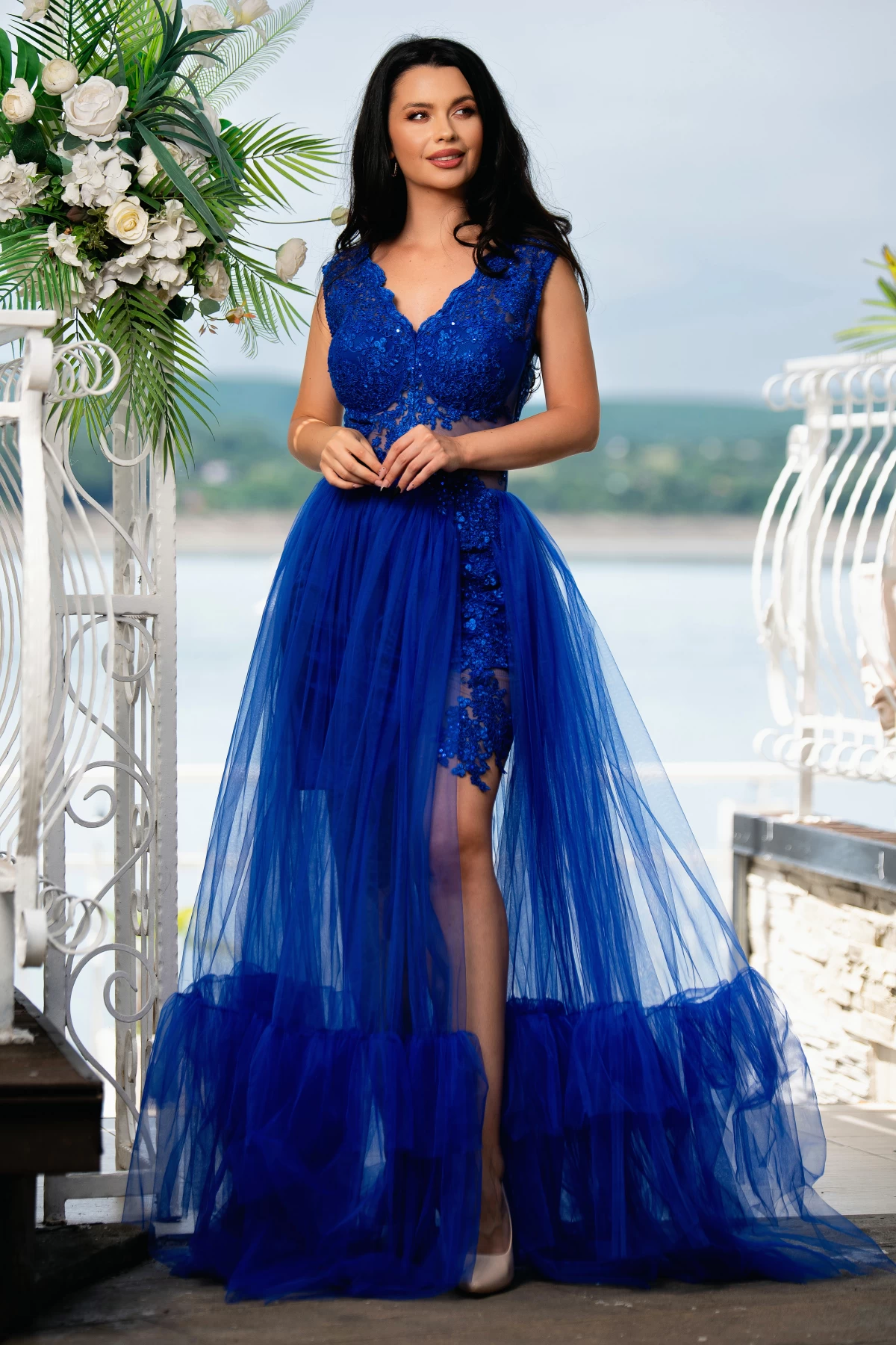 Rochie printesa amaris albastru royal cu dantela si tulle