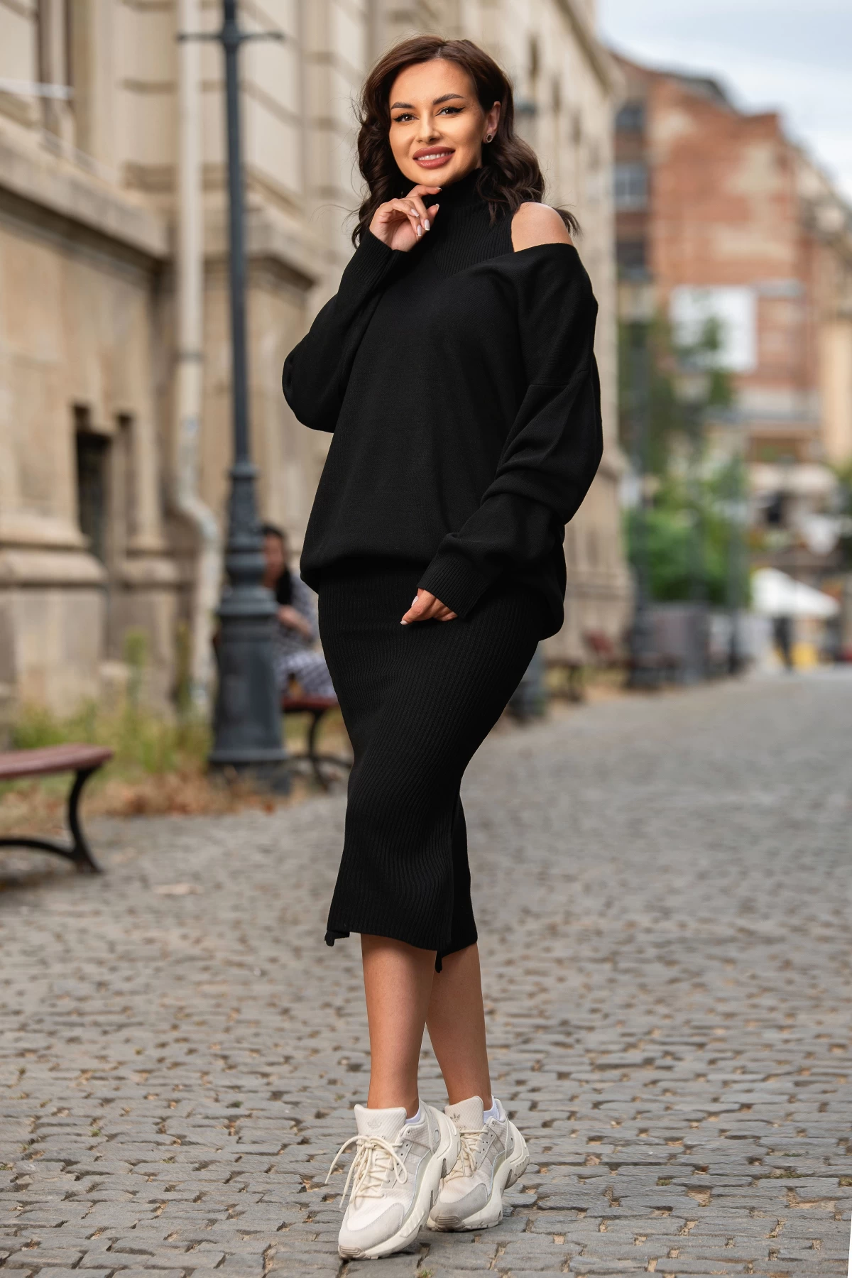 Compleu dama negru din tricot cu rochie si pulover oversize