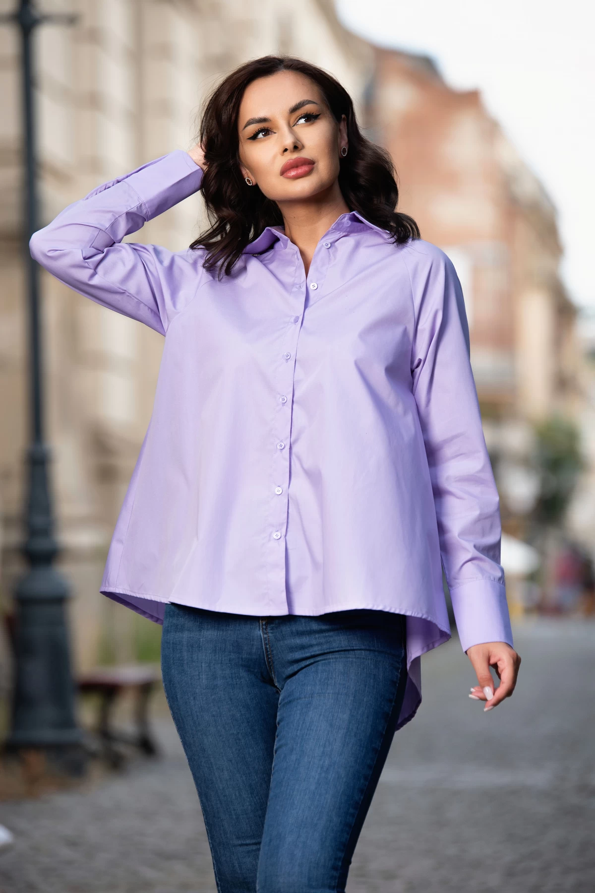 Camasa asimetrica oversize lila din bumbac