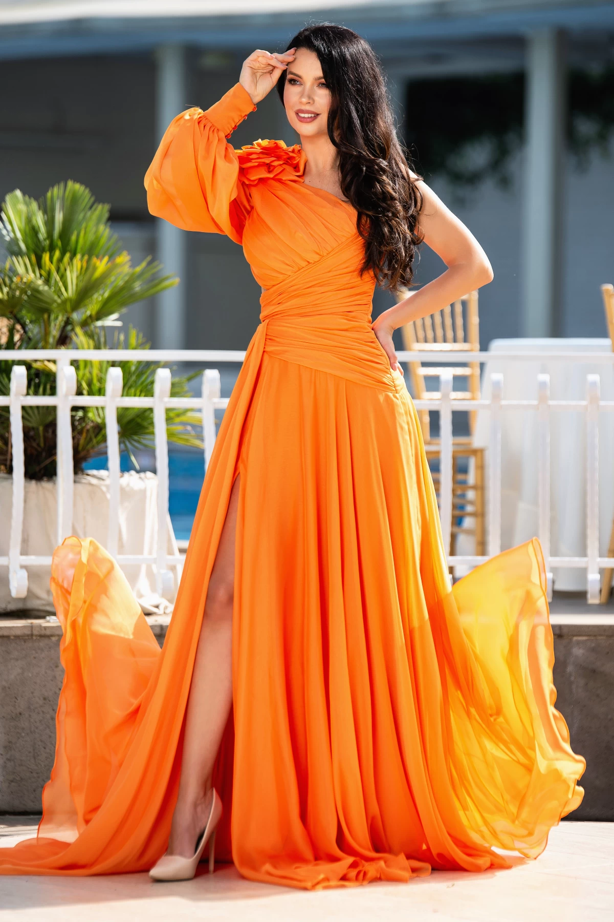Rochie de lux Chic Diva orange lunga cu fronseuri si floare 3D