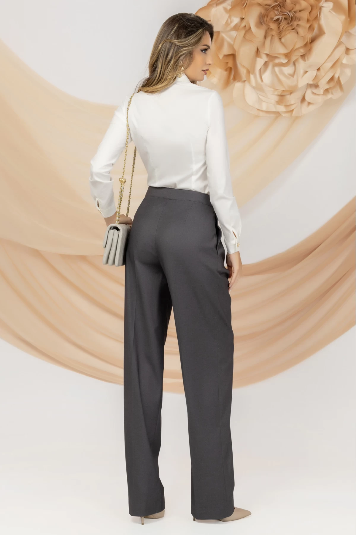 Pantaloni office gri Pretty Girl drepti cu pliuri in talie