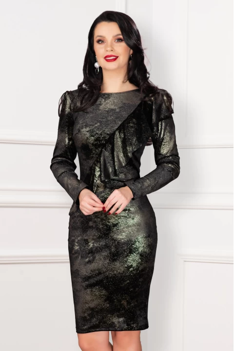Rochie eleganta Emrin neagra cu volan oblic si aspect de glitter auriu