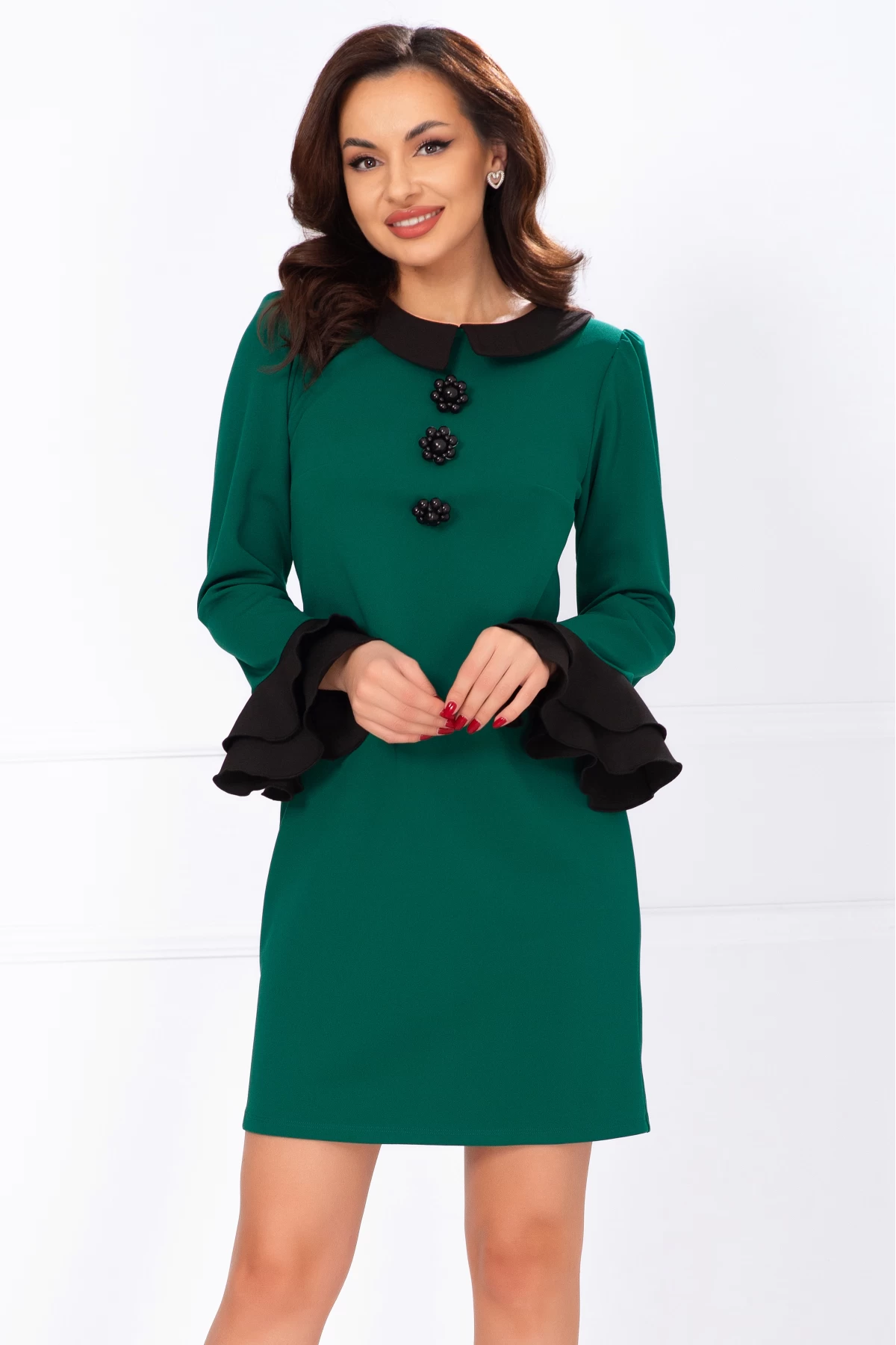Rochie de zi Ivonne verde cu guler si mansete negre