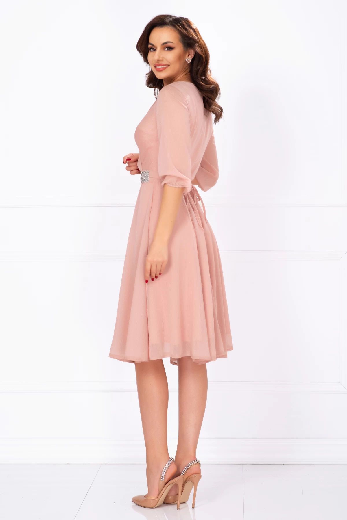 Rochie de soacra in clos rose cu cordon stralucitor in talie