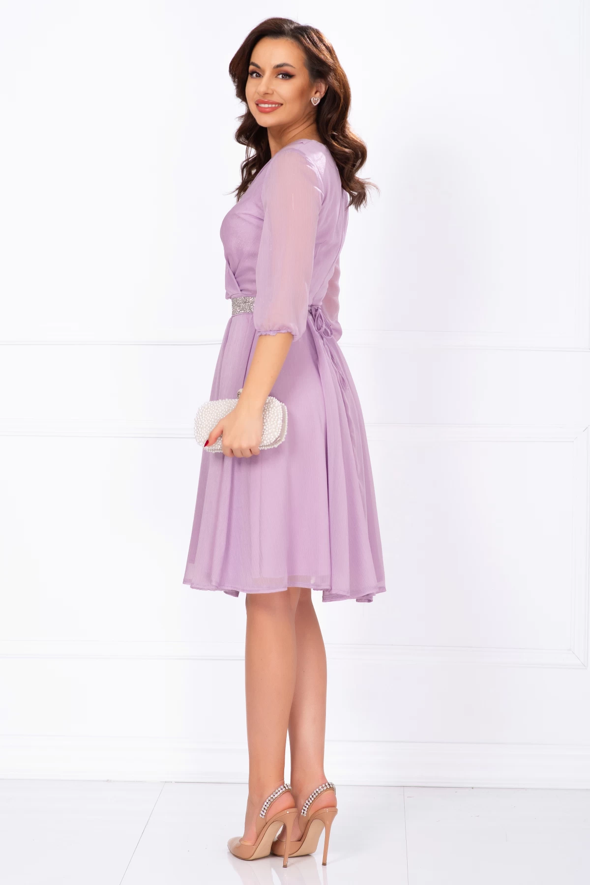 Rochie de ocazie in clos lila cu cordon stralucitor in talie