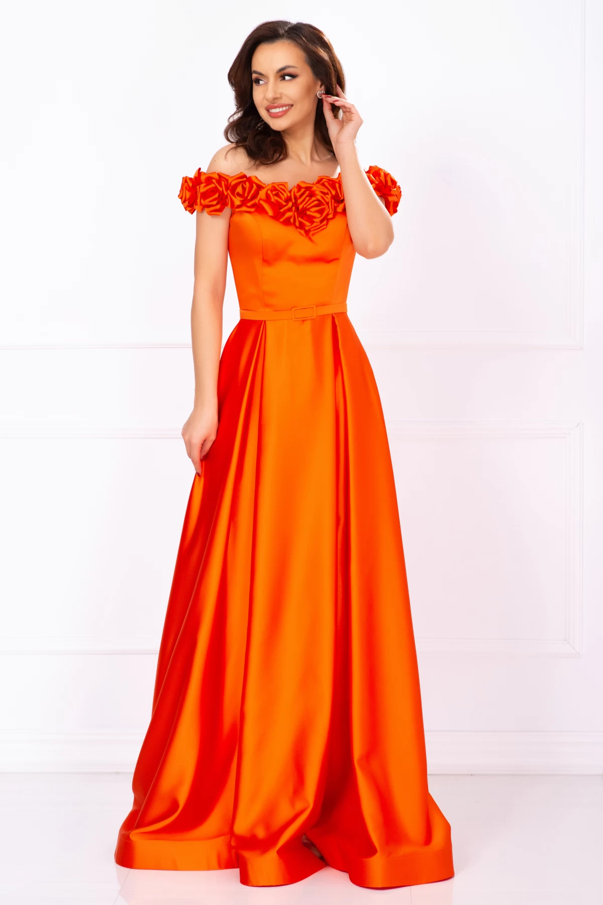 Rochie eleganta lunga Penelope orange cu trandafiri pretiosi
