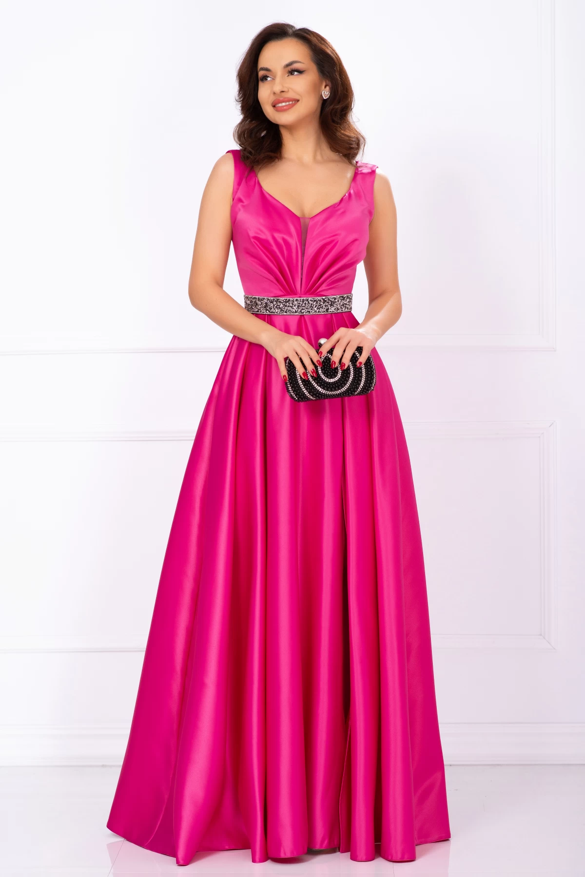 Rochie de soacra lunga Camila din tafta fucsia