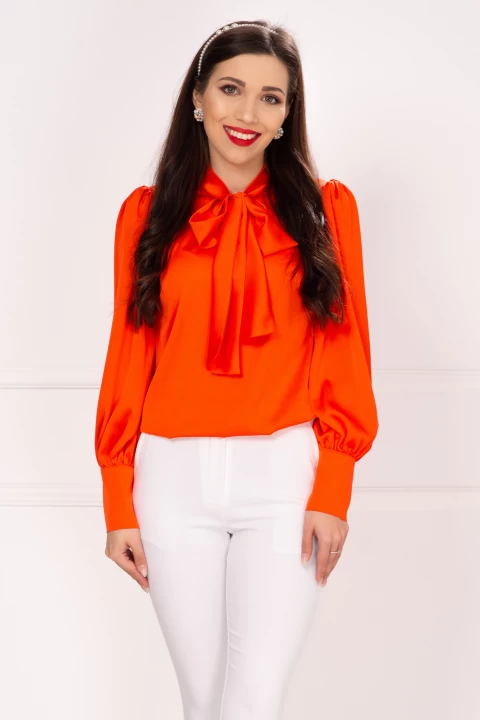 Bluza dama orange din satin cu funda stilizata