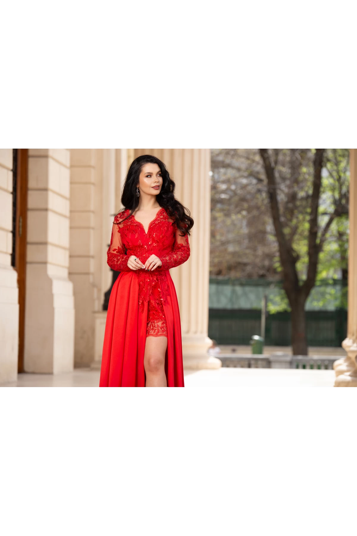 Rochie de seara Ivette din dantela rosie si fusta din tafta