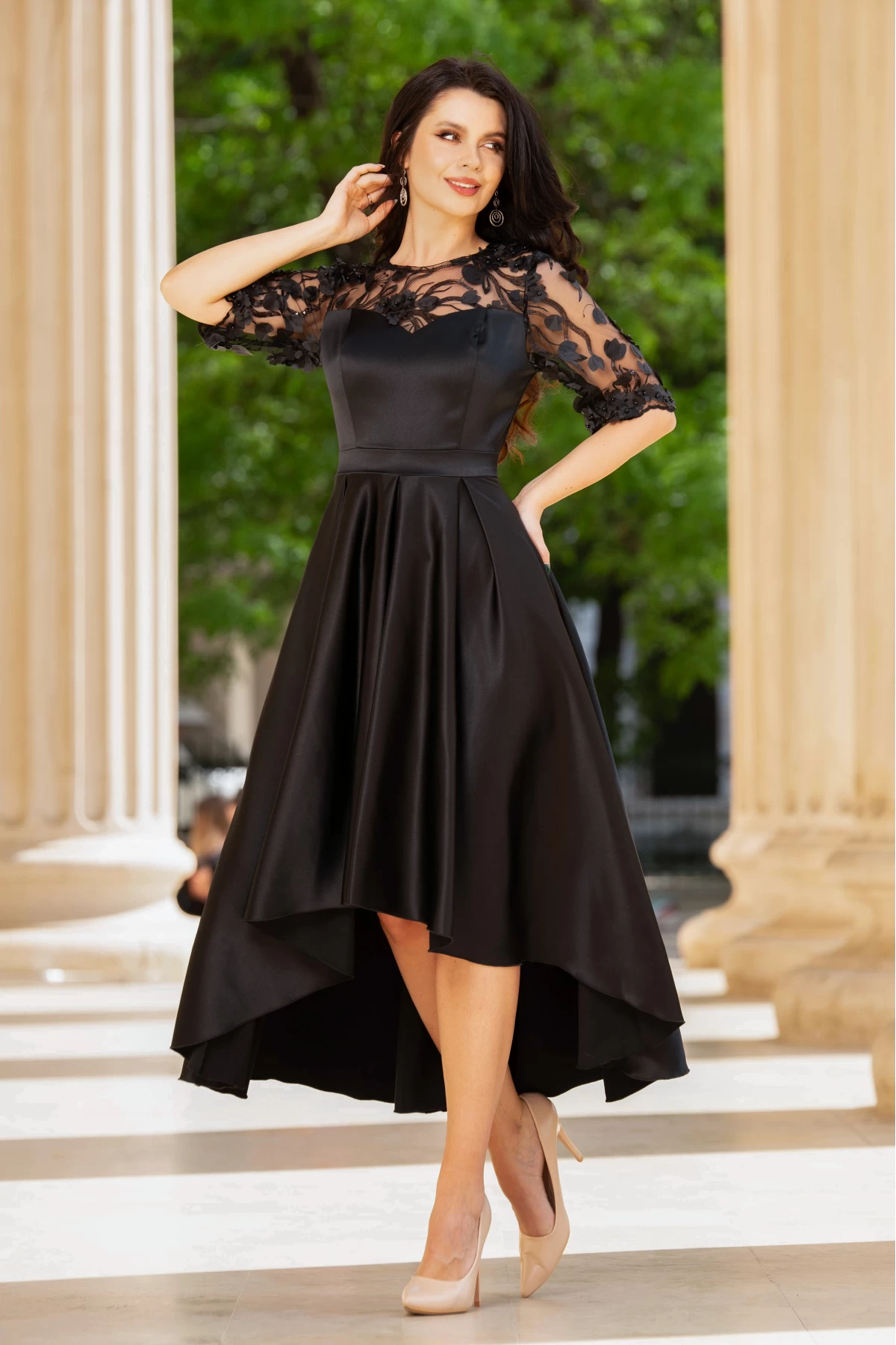 Rochie de soacra neagra cu flori 3D si pliseuri