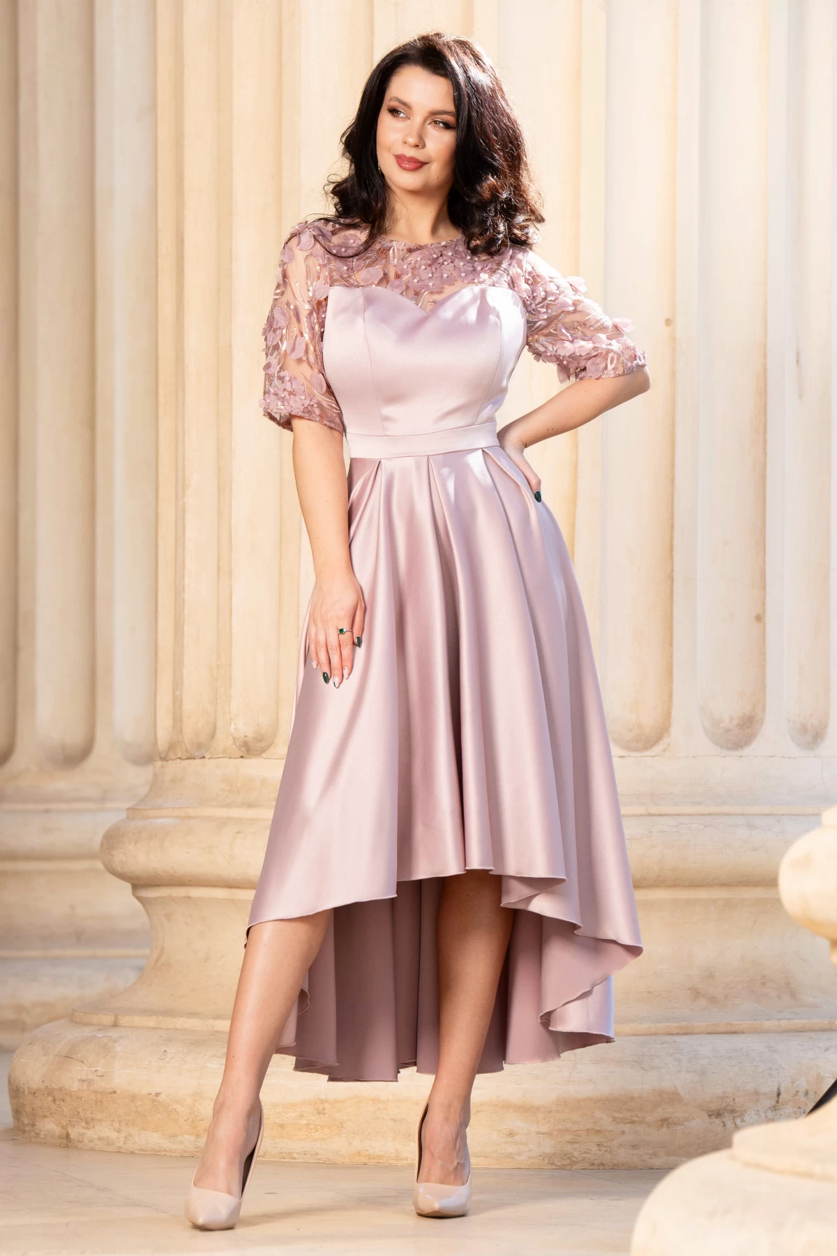 Rochie de soacra rose cu flori 3D si pliseuri