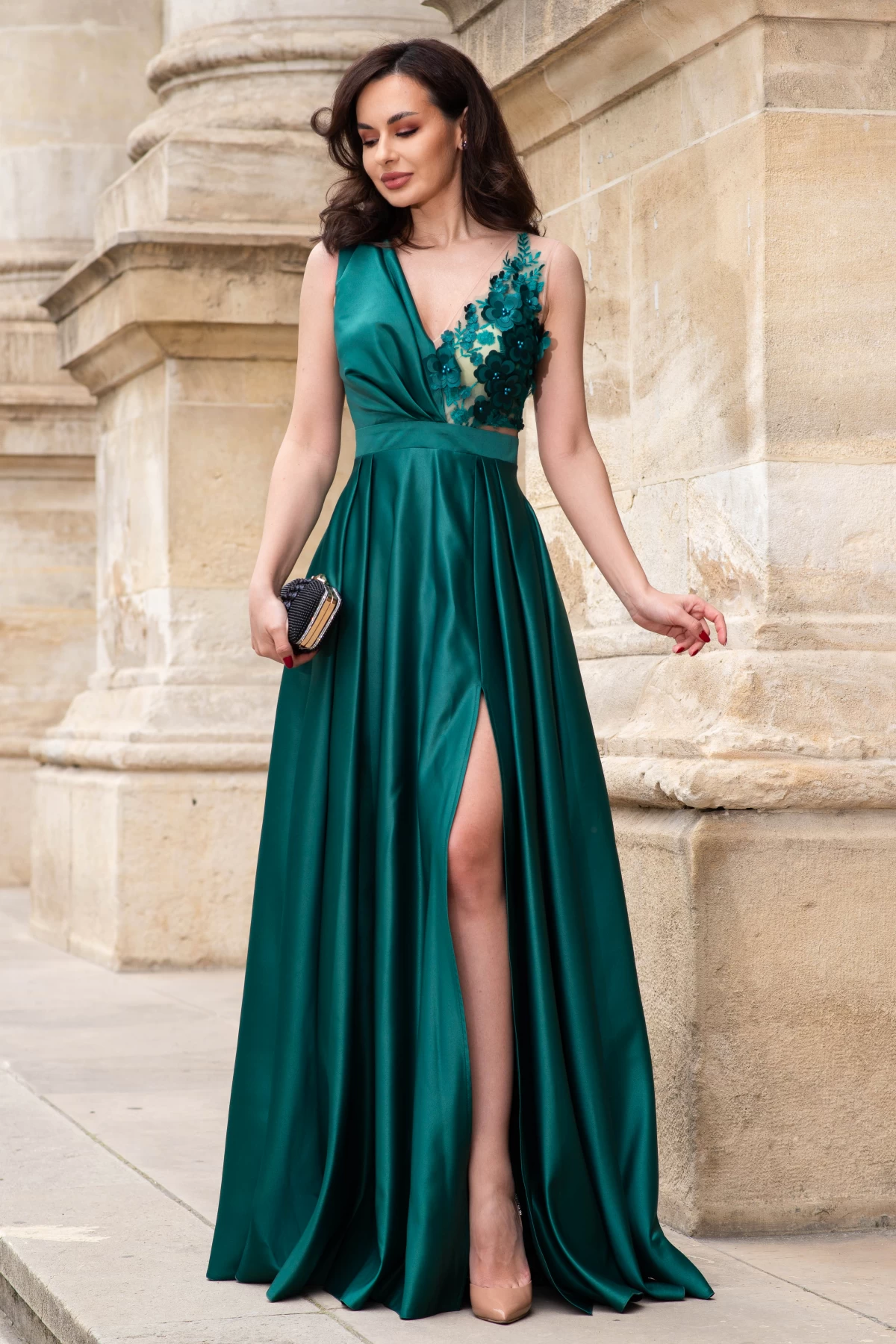 Rochie de seara verde lunga din tafta Saturn cu flori 3D