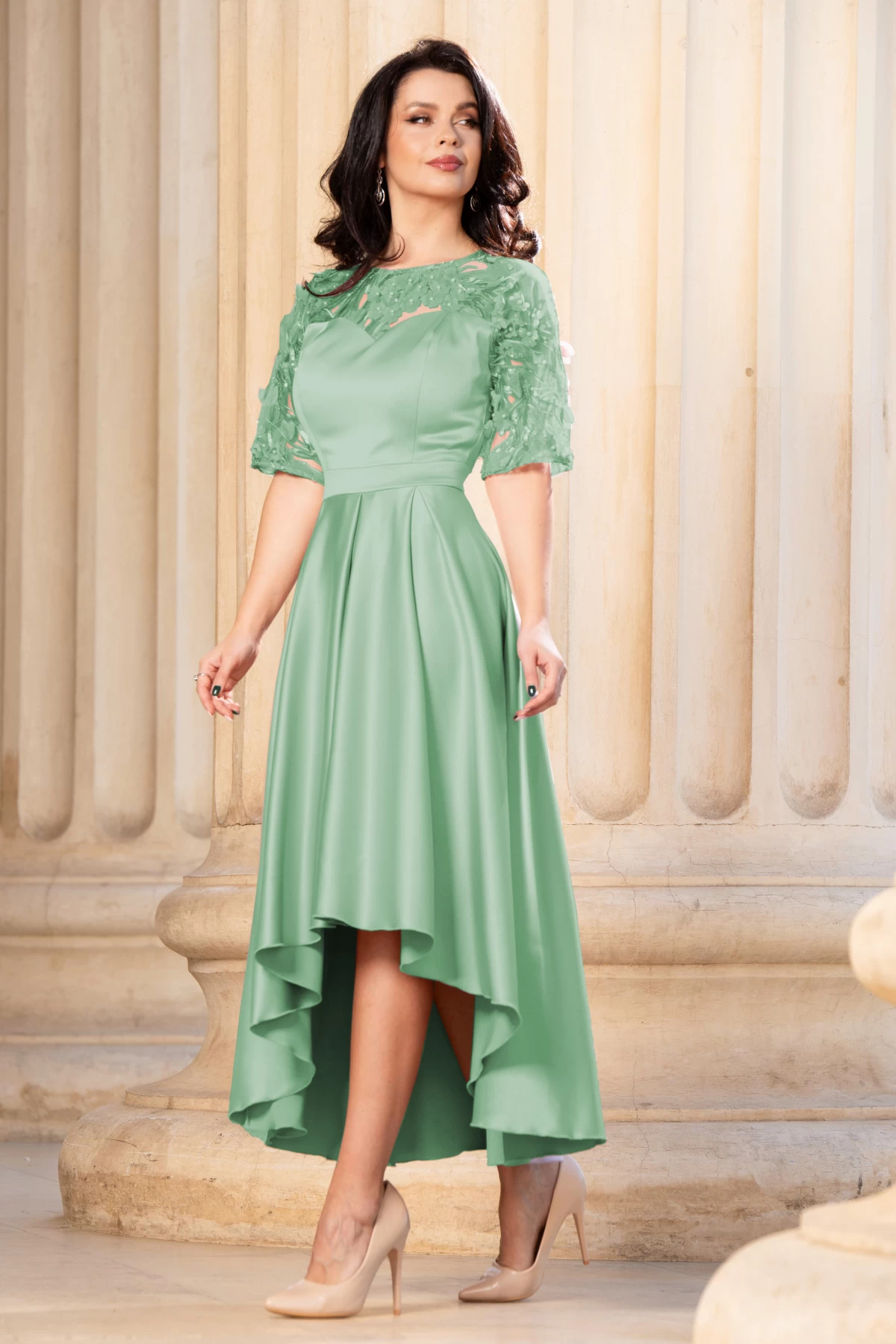 Rochie de ocazie salvie cu flori 3D si pliseuri