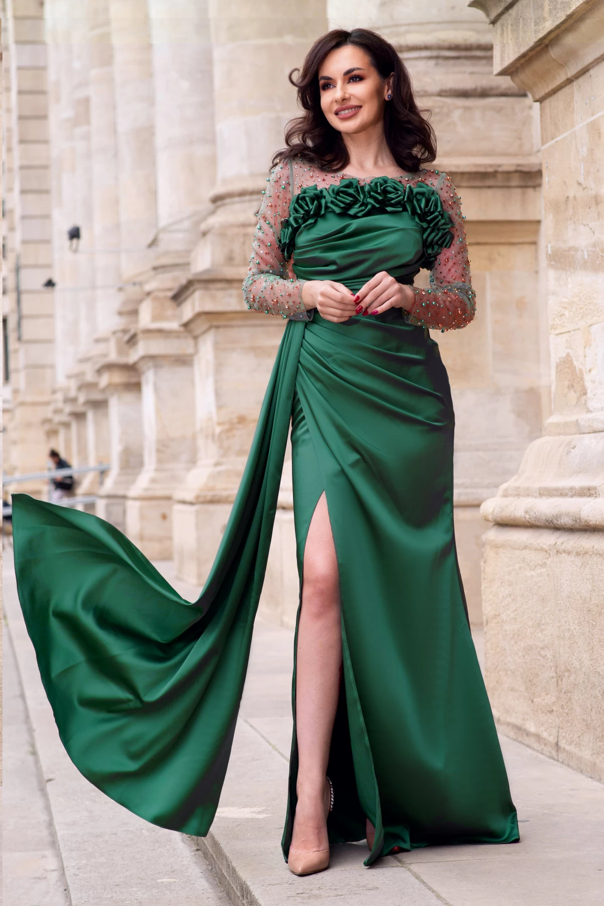 Rochie de seara din tafta Calliope verde cu flori de bujor 3D