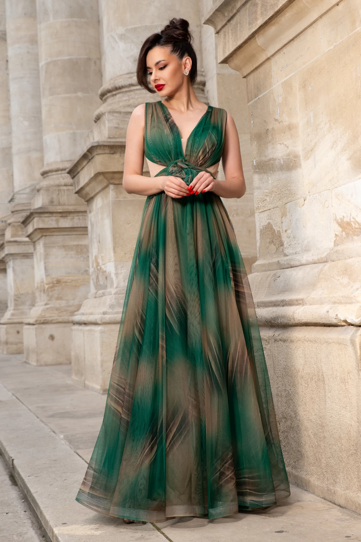 Rochie de seara verde lunga Elissa cu imprimeu tip pictura si floare 3D