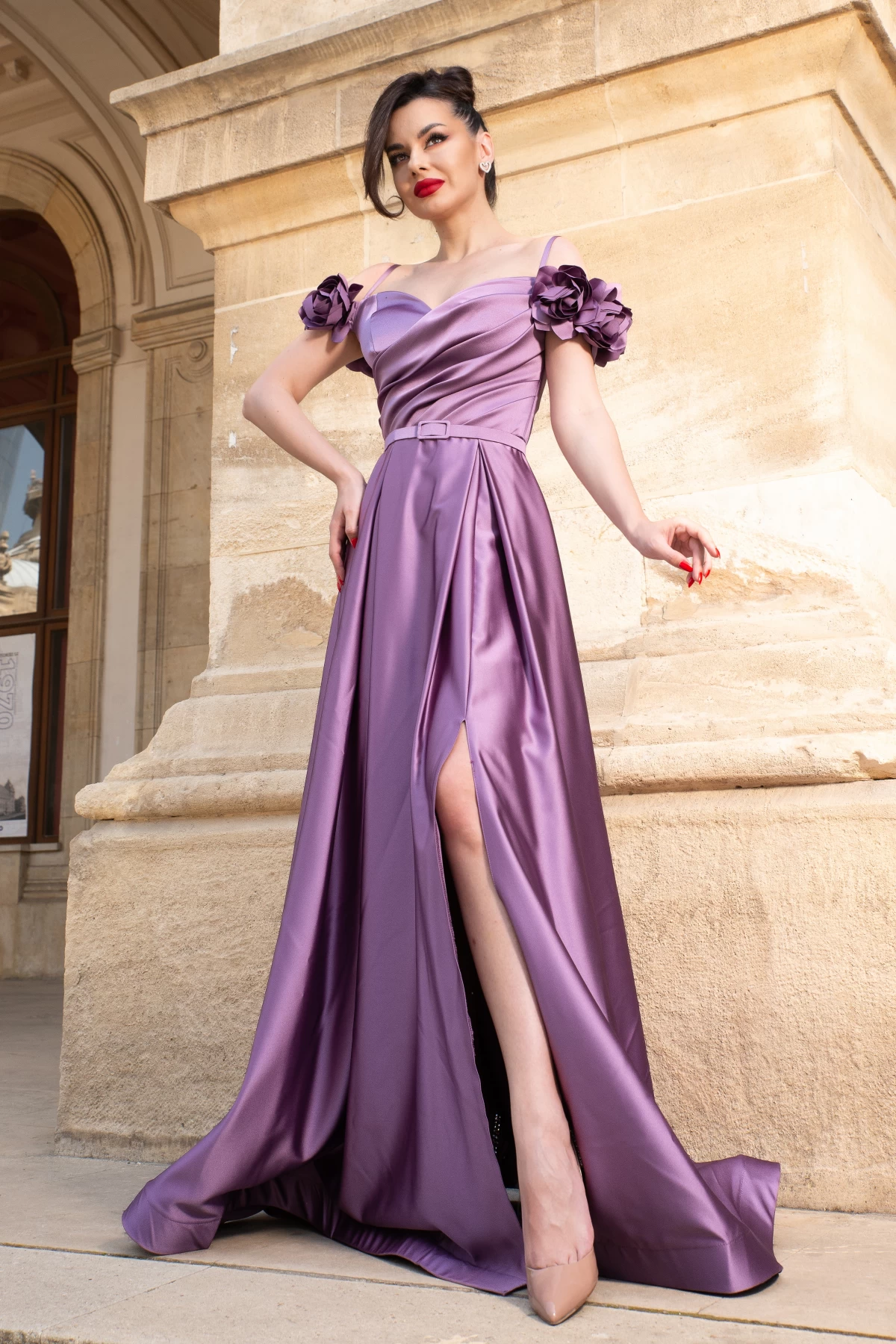 Rochie eleganta lunga de seara lila Moon cu trandafiri 3D