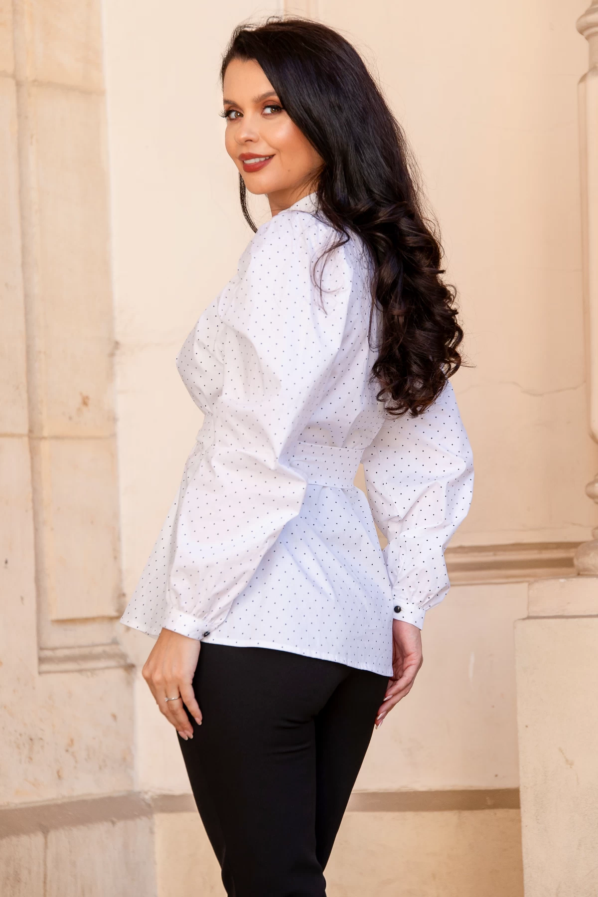 Bluza dama office InPuff din bumbac alb cu buline