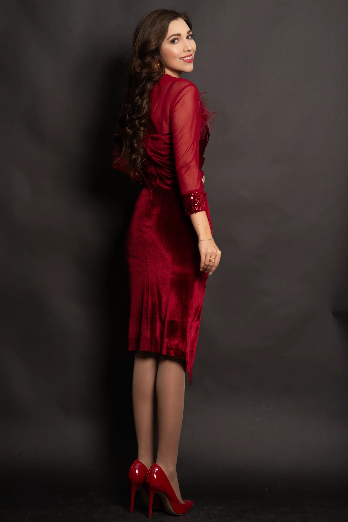 Rochie din catifea bordo Noelia cu paiete si fulgi