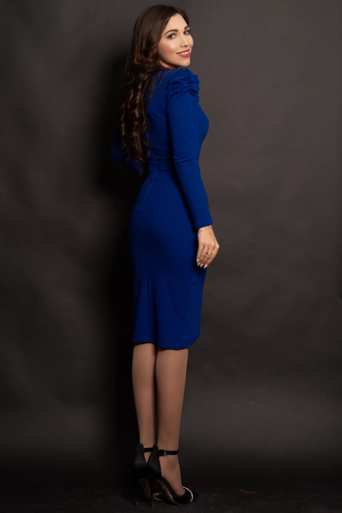 Rochie de ocazie cambrata albastru royal cu brosa detasabila