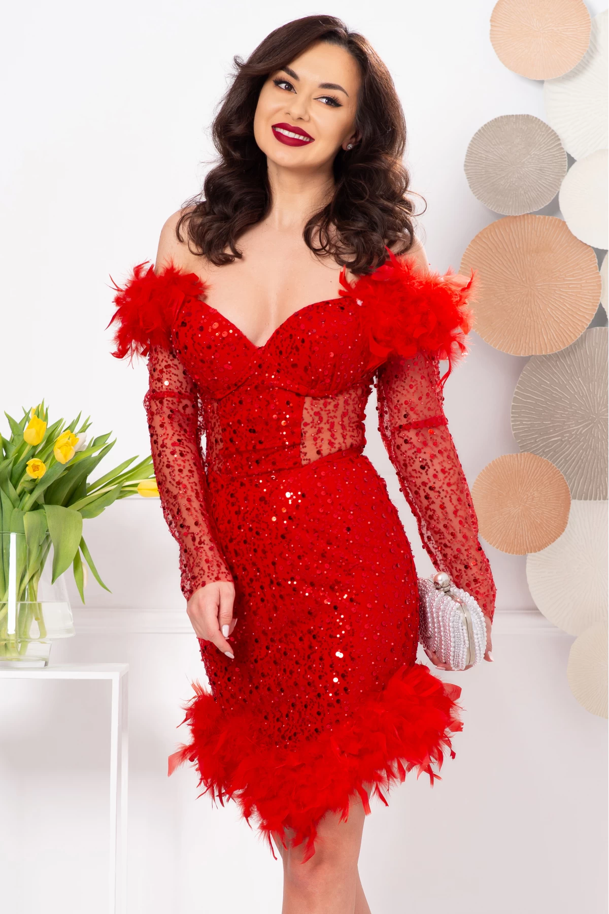 Rochie rosie Valentina scurta cu paiete si fulgi