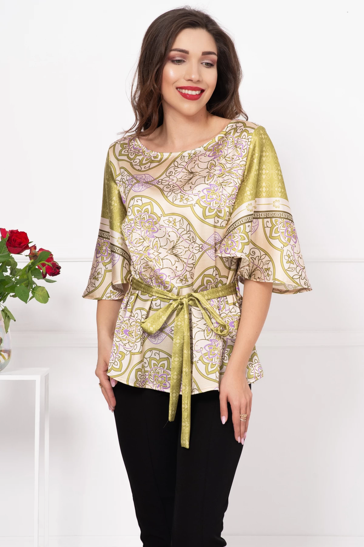 Bluza dama olive evazata cu imprimeu floral